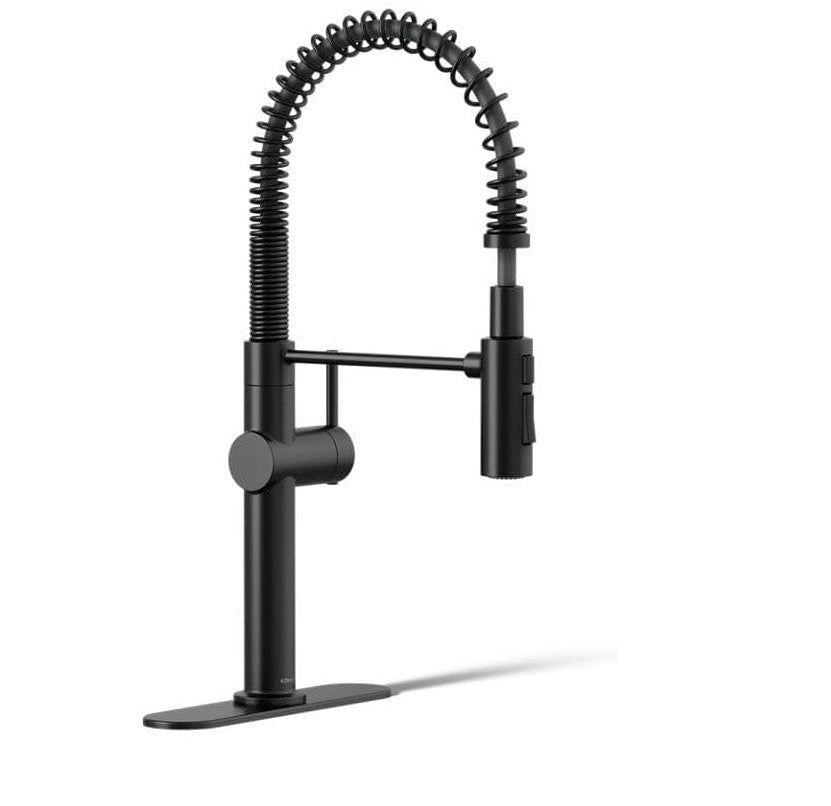 KOHLER Crue 22973-BL matte black kitchen faucet with high-arc pull-down spring spout, shown on white background for product display.