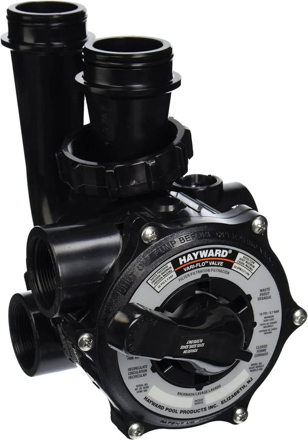 Hayward SP0710X62 1-1/2" Pro-Series Vari-Flo Valve with Gauge for pool filters, featuring multiple ports and control handle for precise flow settings.